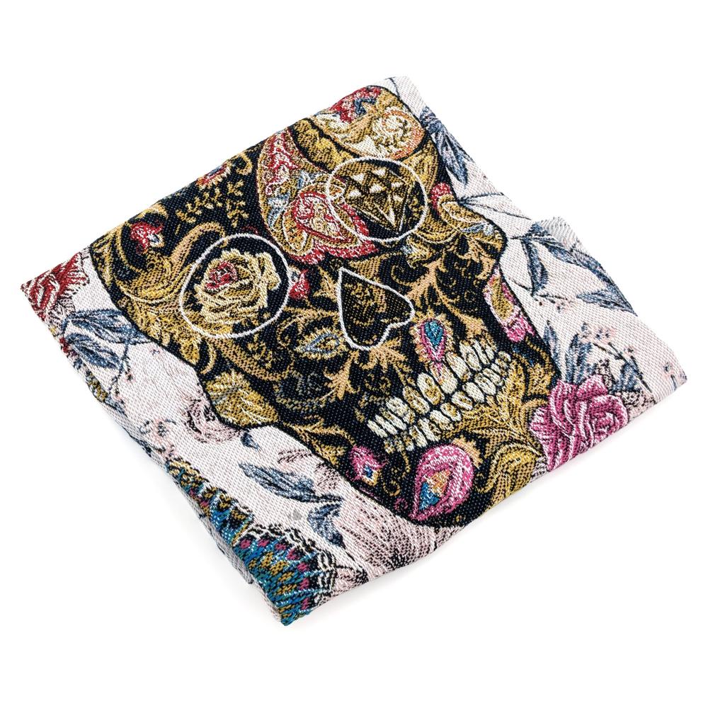 Carré de tissu jacquard polycoton motif crane CALAVERA Blanc