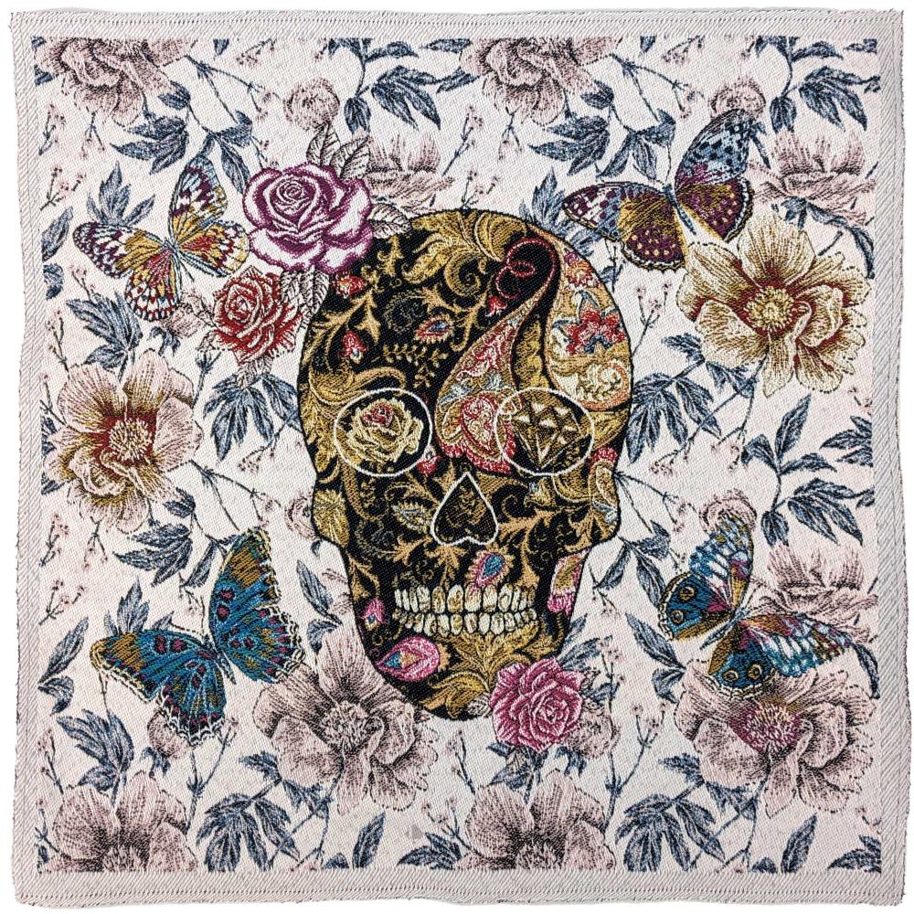 Carré de tissu jacquard polycoton motif crane CALAVERA Blanc