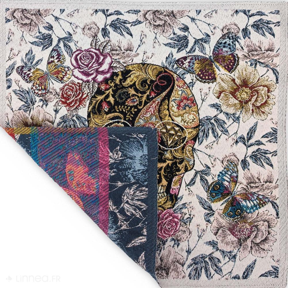 Carré de tissu jacquard polycoton motif crane CALAVERA Blanc