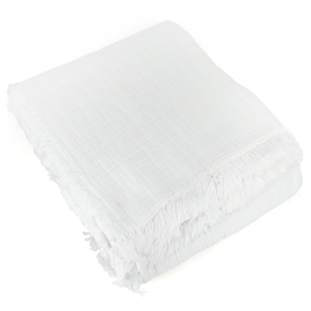 Dessus de lit frange 270x250 cm BREHAT 100% gaze de coton blanc