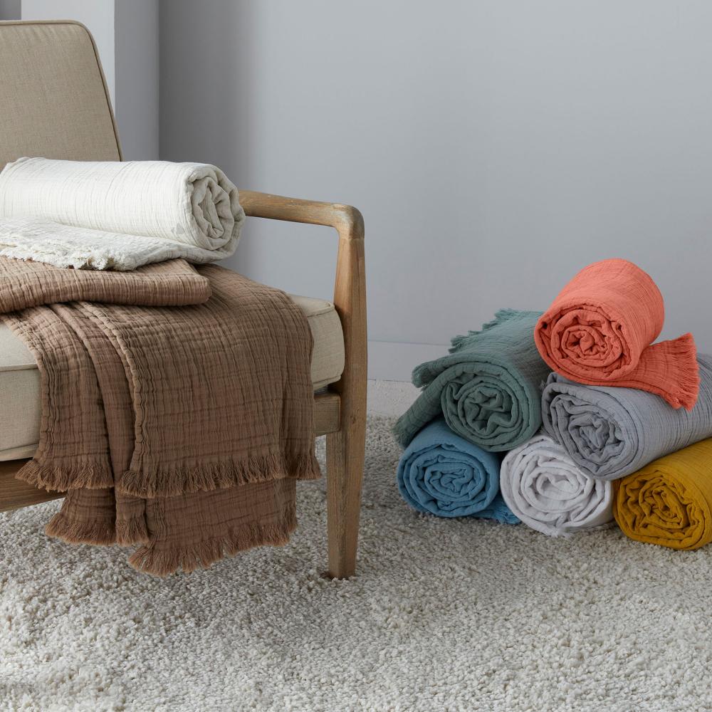 Dessus de lit frange 270x250 cm BREHAT 100% gaze de coton blanc