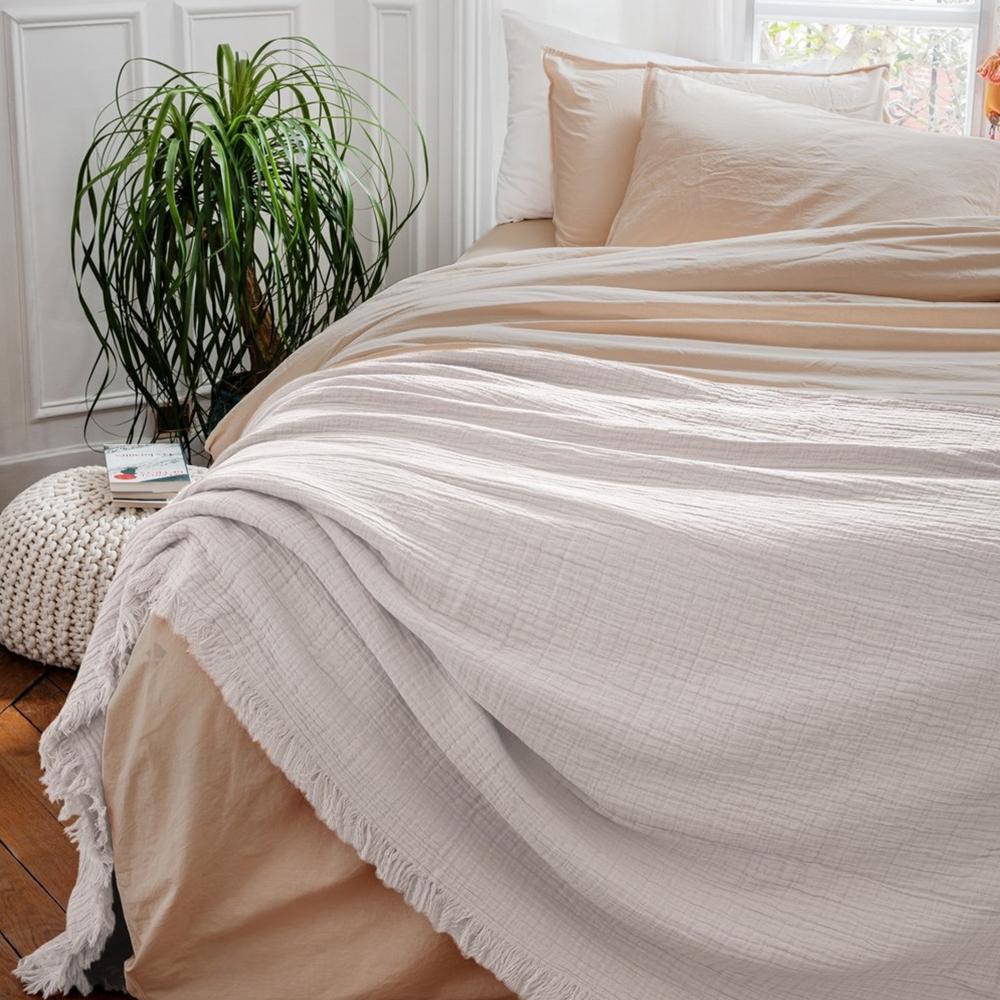 Dessus de lit frange 270x250 cm BREHAT 100% gaze de coton blanc