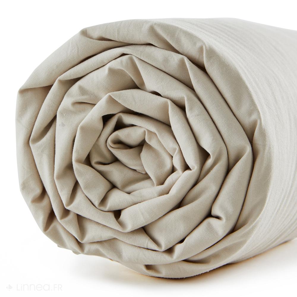 Drap housse 90x200 cm percale de coton BONJOUR uni beige bonnet 30