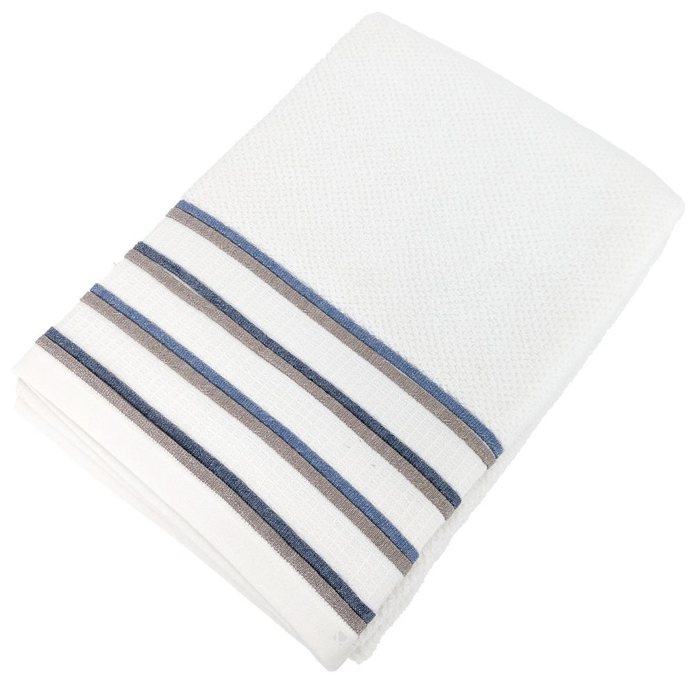 Drap de bain 100x150 cm pur coton collection SERATA blanc bleu