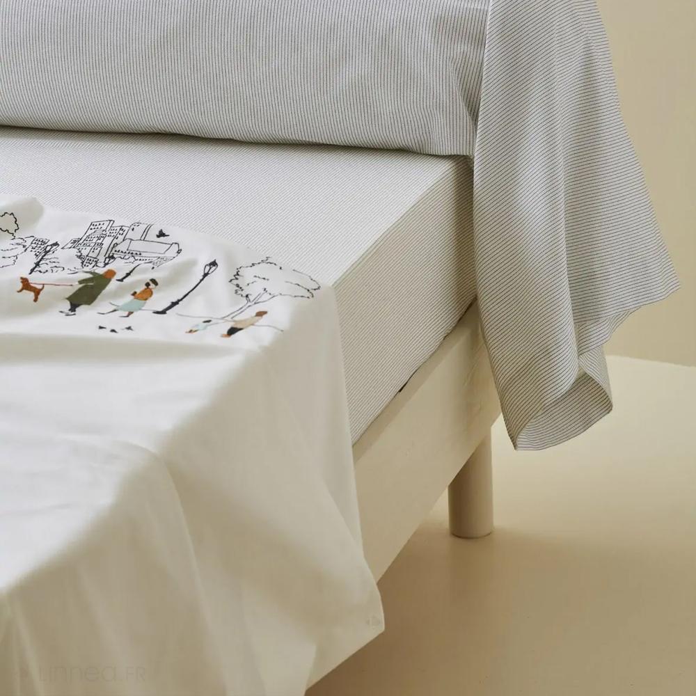 Drap housse 180x200 cm percale CENTRAL PARK rayures grises mascarpone