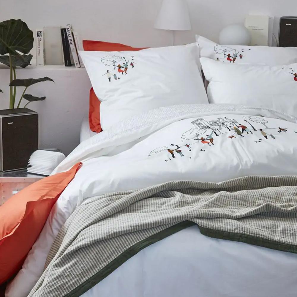 Drap housse 180x200 cm percale CENTRAL PARK rayures grises mascarpone