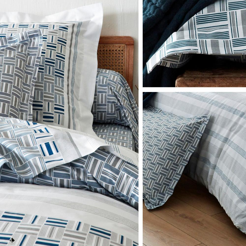 Drap housse imprimé 90x200 cm 100% coton DIEGO bleu baltique Bonnet 40 cm