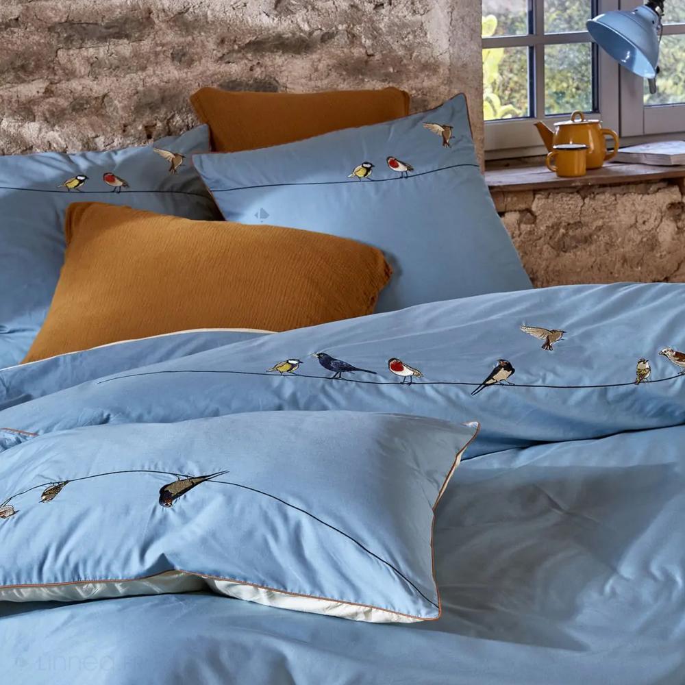 Drap housse 90x200 cm percale de coton bonnet 30 cm SUR UN FIL bleu horizon