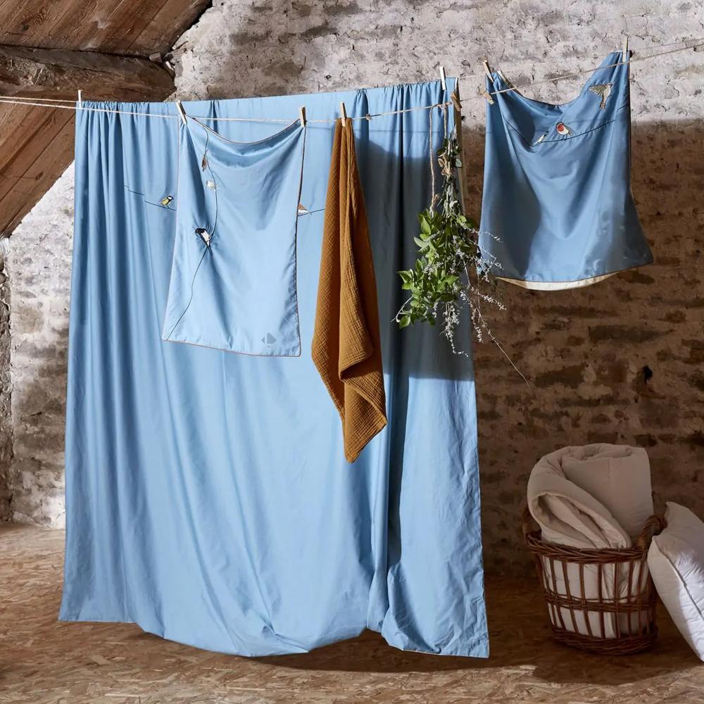Drap housse 90x200 cm percale de coton bonnet 30 cm SUR UN FIL bleu horizon