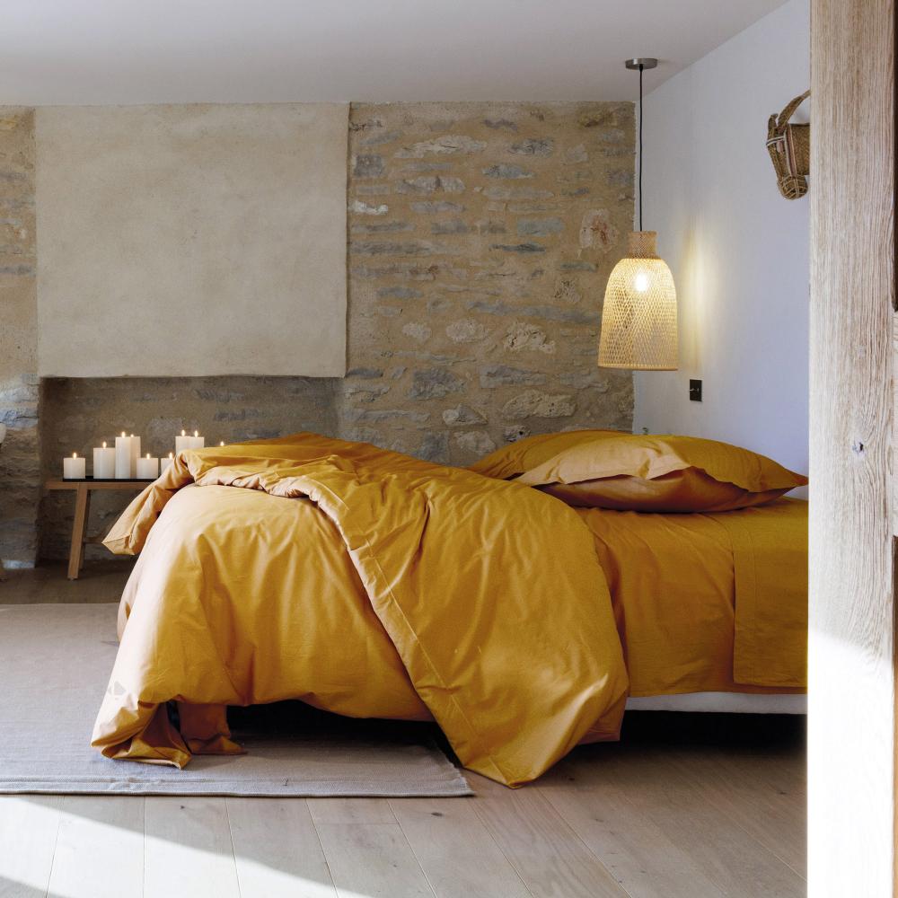 Drap housse uni 90x190 cm percale MANOIR jaune Curry bonnet 35