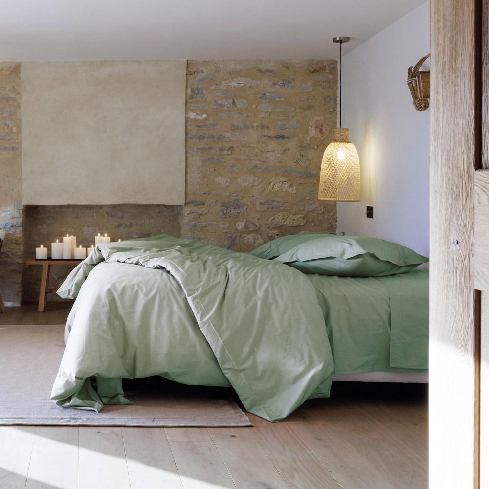 Drap housse uni 90x190 cm percale MANOIR vert Lichen bonnet 35