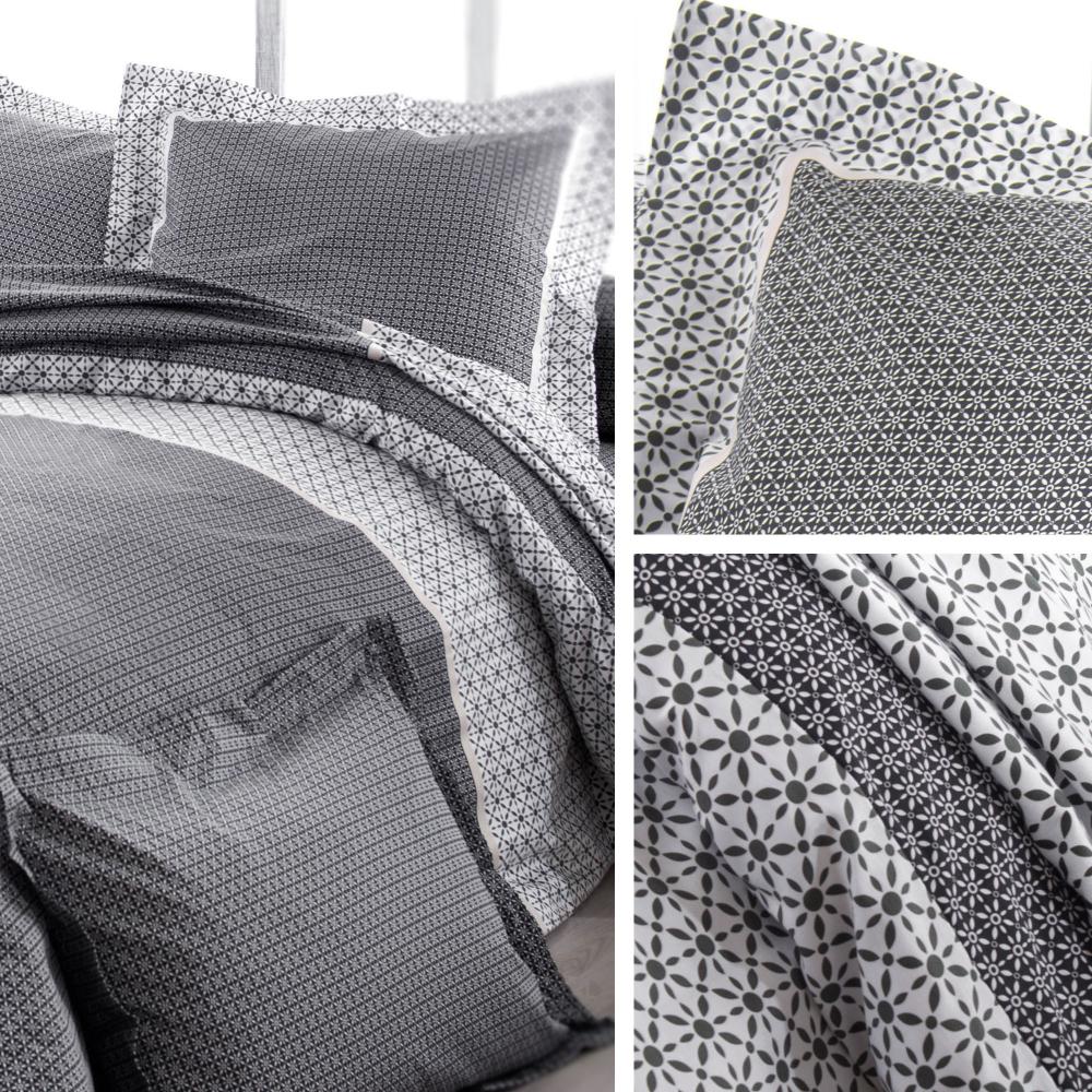 Drap housse imprimé 90x190 cm satin de coton WESLEY gris noir