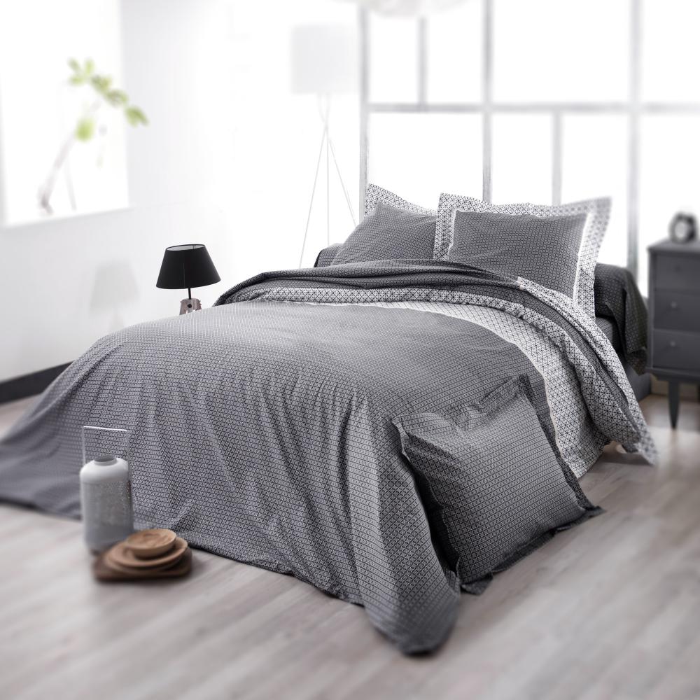 Drap housse imprimé 90x190 cm satin de coton WESLEY gris noir