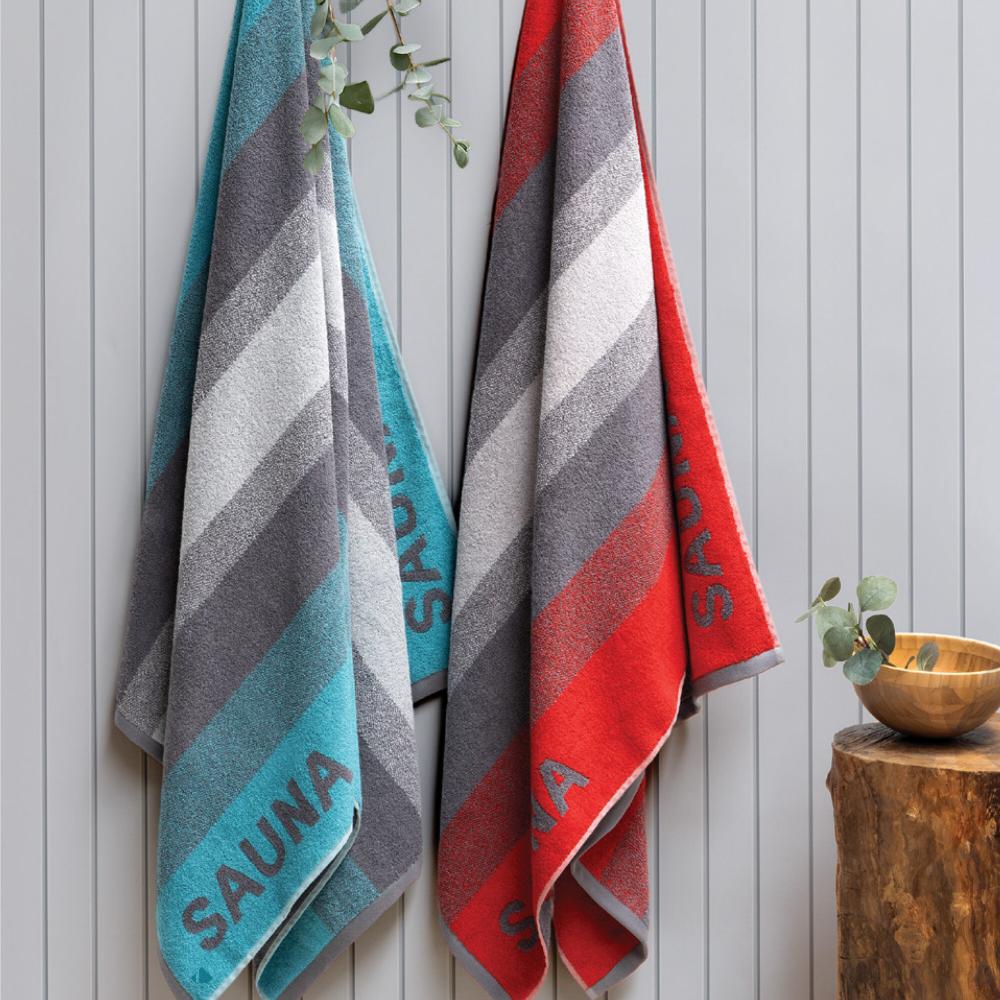 Drap de sauna 85x200 cm pur coton collection SAUNA à rayures rouge
