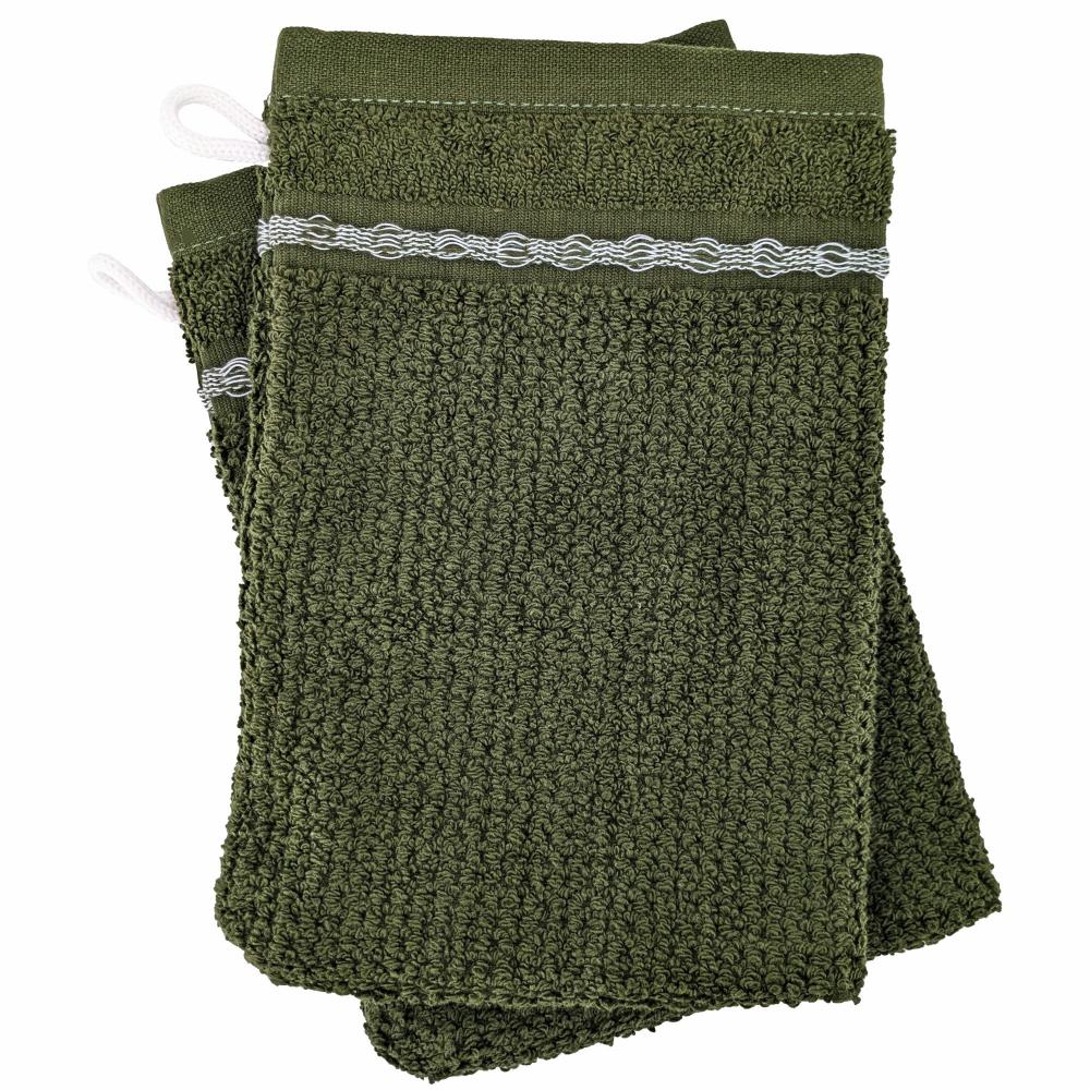 Lot de 2 gants de toilette 16x21cm pur coton INTENSE à bordures blanches vert mousse