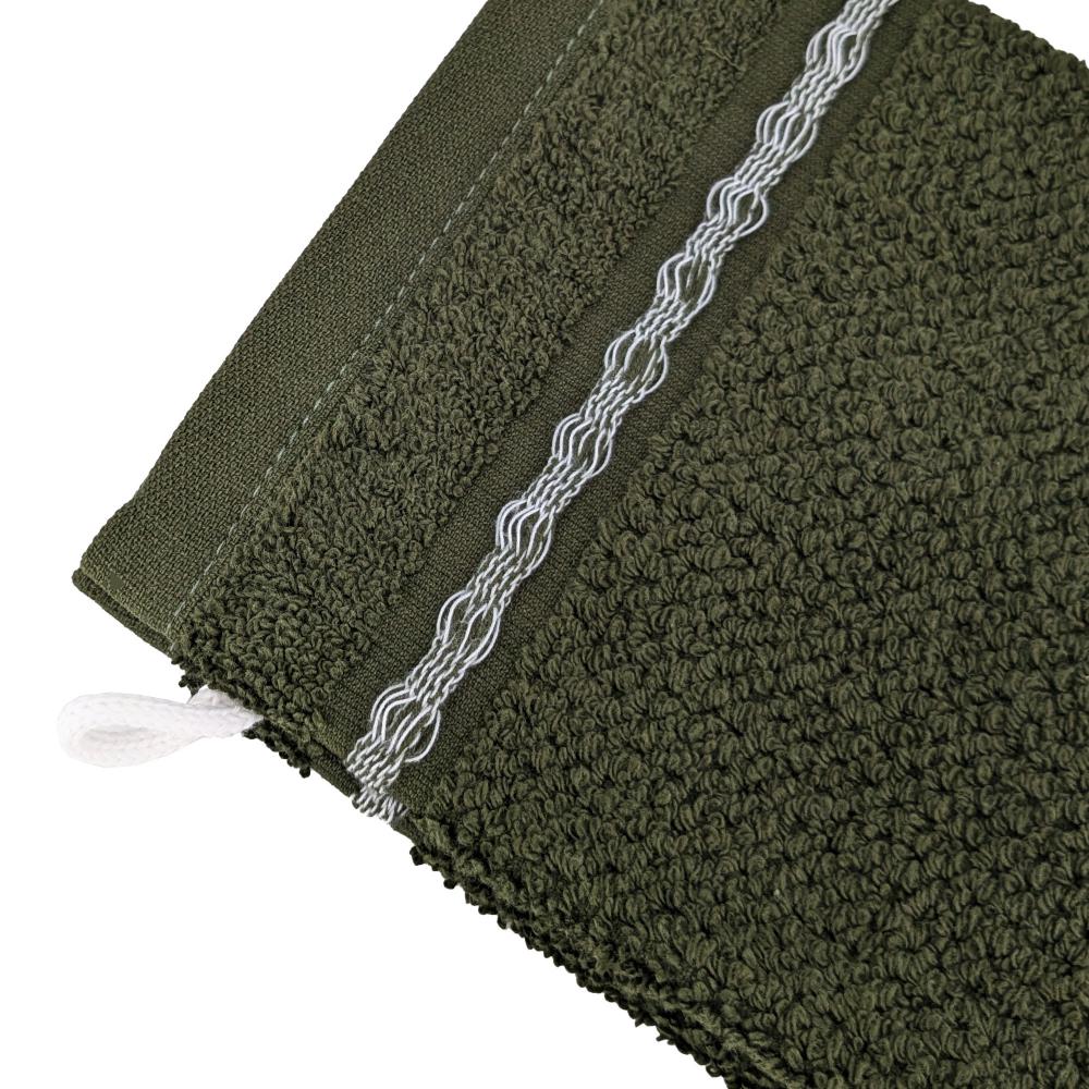 Lot de 2 gants de toilette 16x21cm pur coton INTENSE à bordures blanches vert mousse