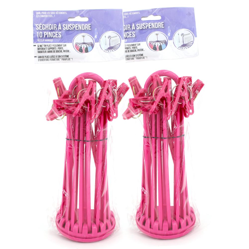 Lot de 2 séchoirs à linge pliables à suspendre avec 10 pinces en plastique rose