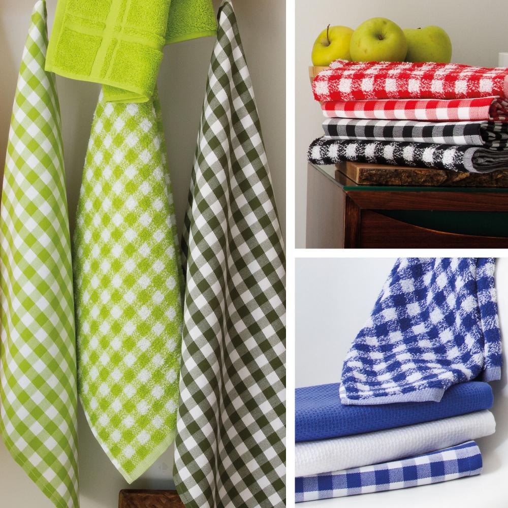 Lot de 2 torchons de cuisine éponge 50x50 cm SQUARES VICHY vert kaki