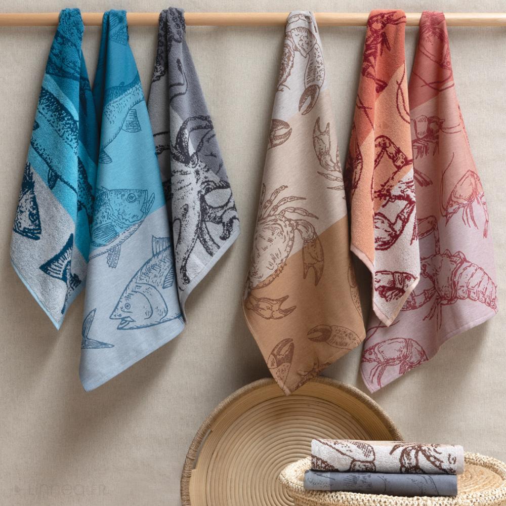 Lot de 2 torchons de cuisine 50x70 cm 100% coton ATLANTIC motif poisson bleu