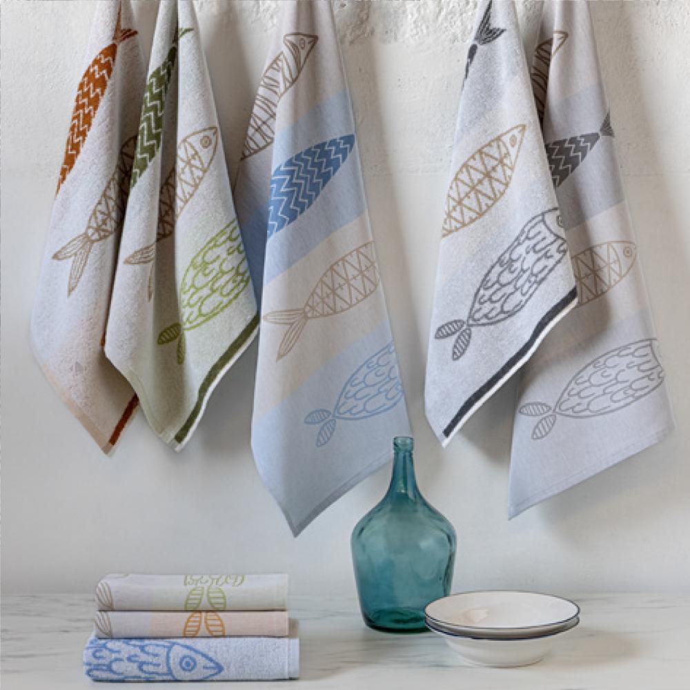 Lot de 2 torchons de cuisine toile 50x70 cm collection MARIS bleu