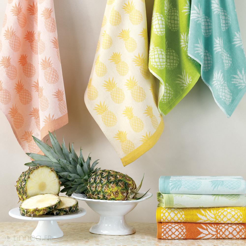 Lot de 2 torchons de cuisine toile 50x70 cm coton PINEAPPLE orange