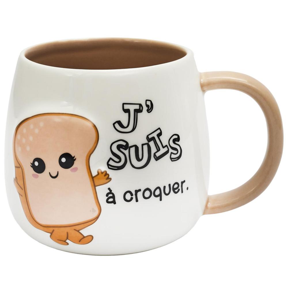 Mug en céramique à relief BREAKFAST 40 cl modèle "J'suis à croquer" marron