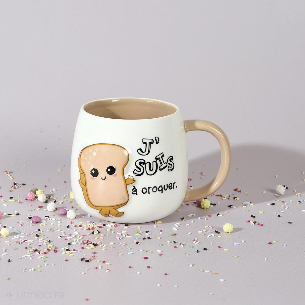 Mug en céramique à relief BREAKFAST 40 cl modèle "J'suis à croquer" marron