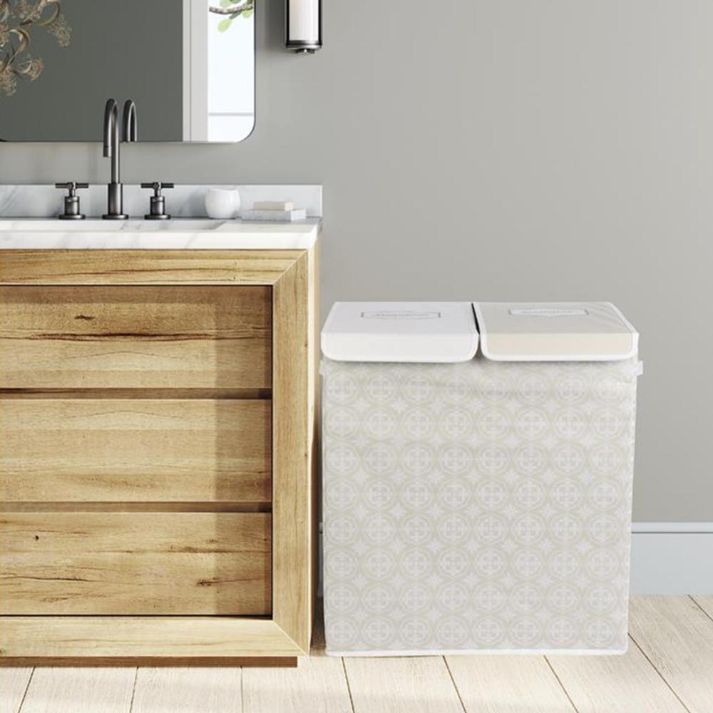 Panier de linge double en polyester BOMBAY pliable motif damassé beige