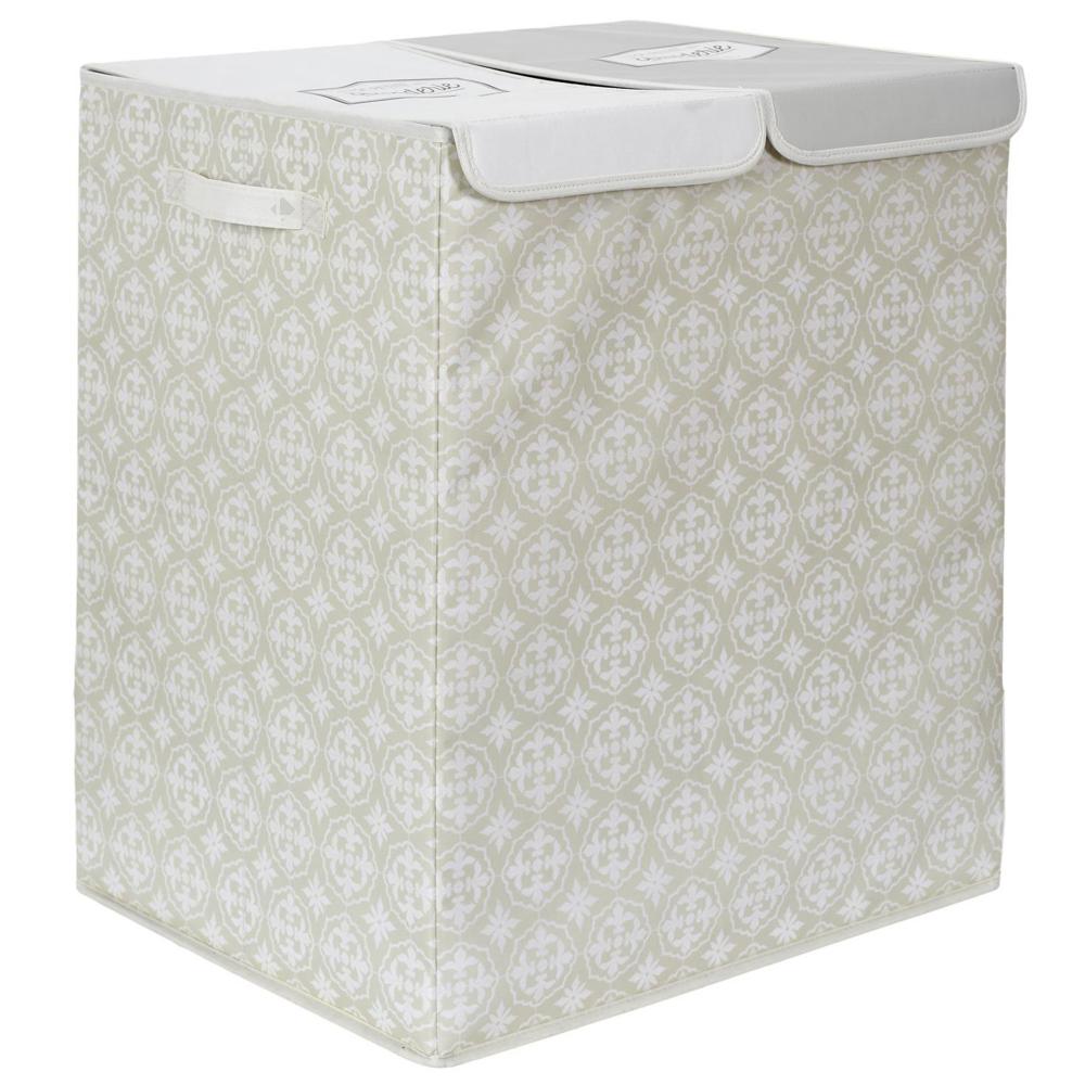 Panier de linge double en polyester BOMBAY pliable motif damassé beige
