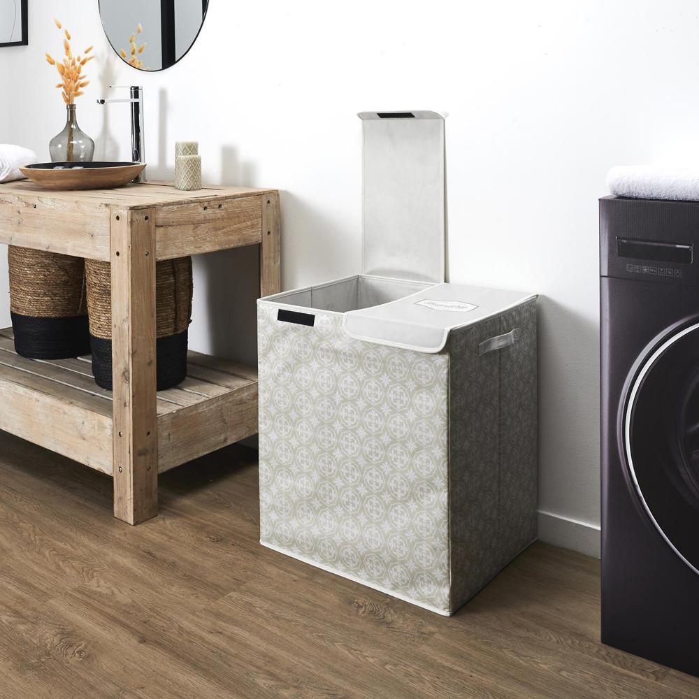 Panier de linge double en polyester BOMBAY pliable motif damassé beige