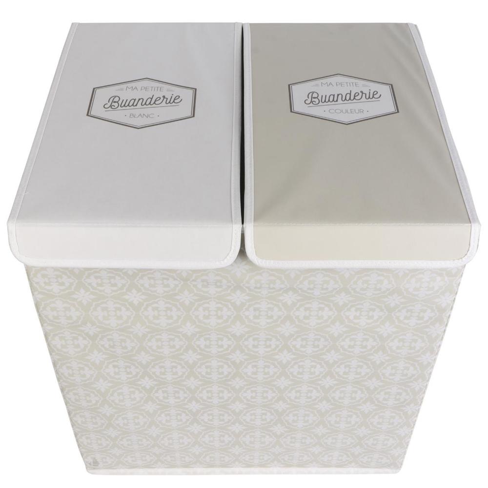 Panier de linge double en polyester BOMBAY pliable motif damassé beige