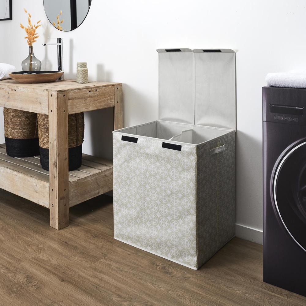 Panier de linge double en polyester BOMBAY pliable motif damassé beige