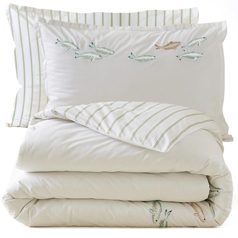 Parure 140x200 cm taie 50x70 cm percale de coton brodée AU FIL DE L'EAU blanc 2 pièces