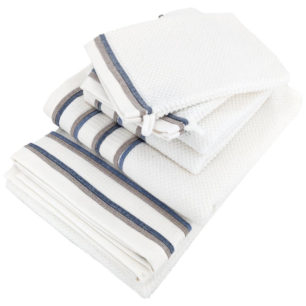 Parure de bain 5 pièces coton collection SERATA blanc bleu