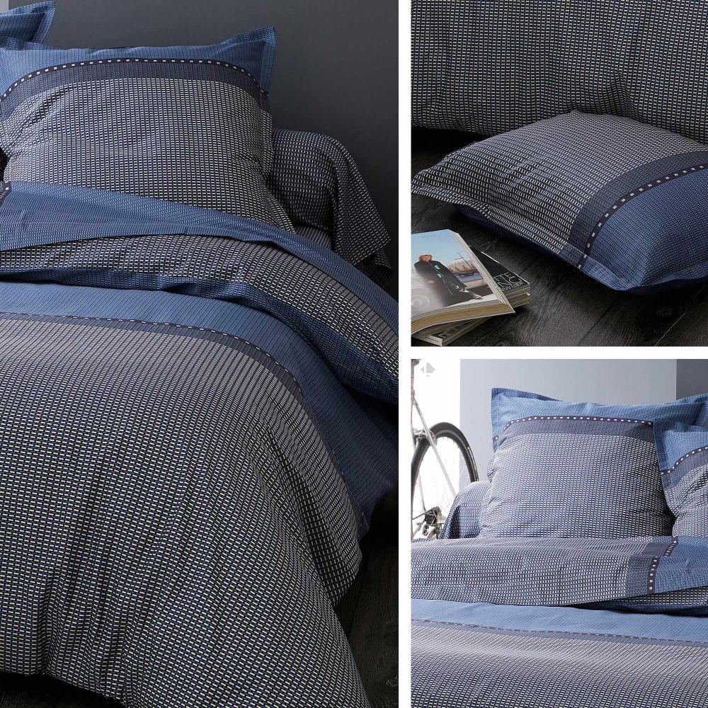 Parure de lit 240x220 cm 50x70 cm en satin de coton ENZO bleu