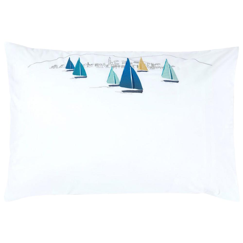Parure de lit 140x200 cm 50x80 cm percale ESCALE AZUR Blanc 2 pièces