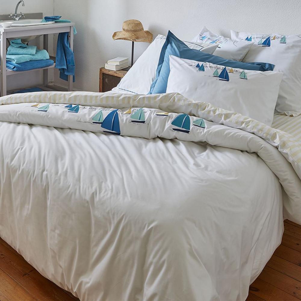Parure de lit 140x200 cm 50x80 cm percale ESCALE AZUR Blanc 2 pièces