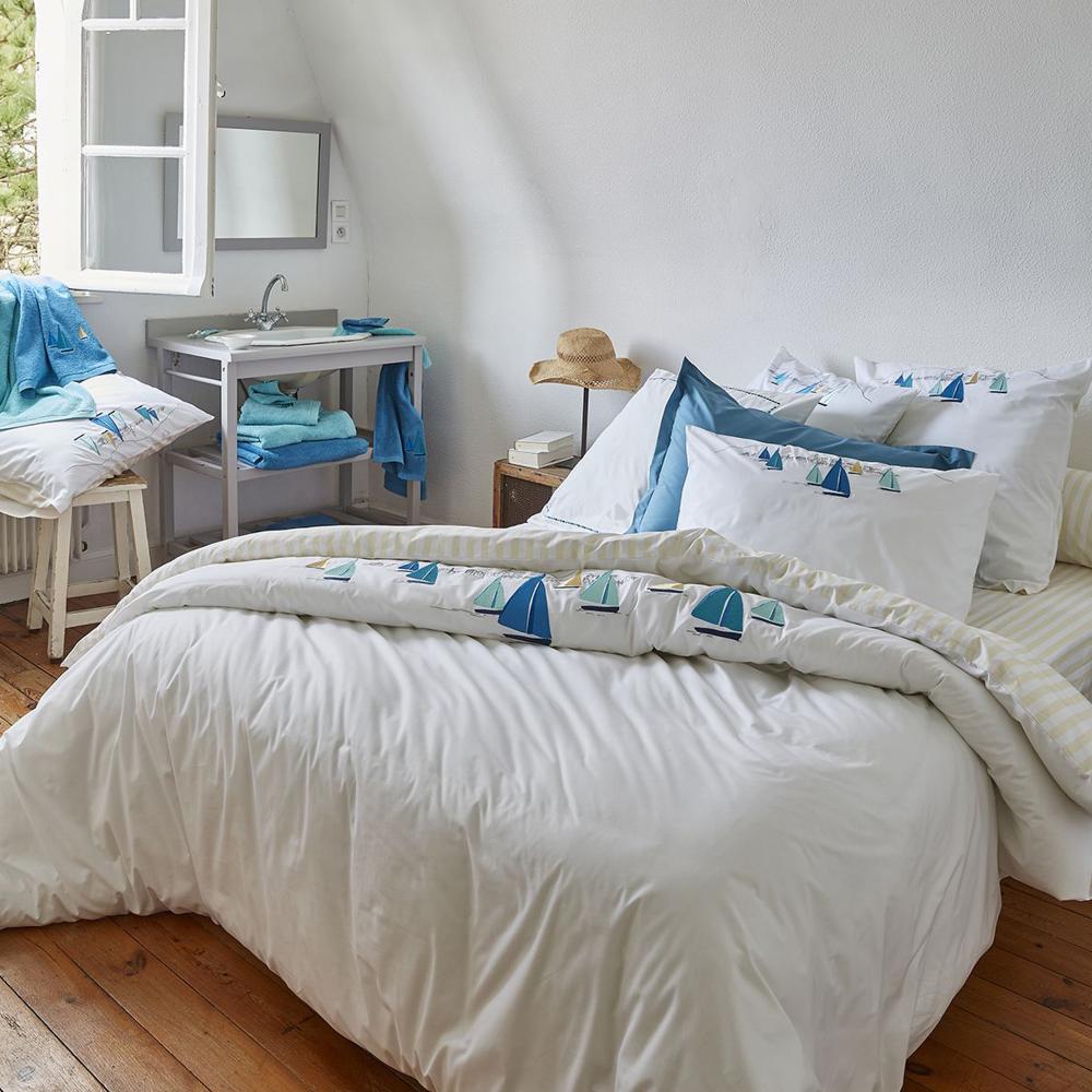 Parure de lit 140x200 cm 50x80 cm percale ESCALE AZUR Blanc 2 pièces