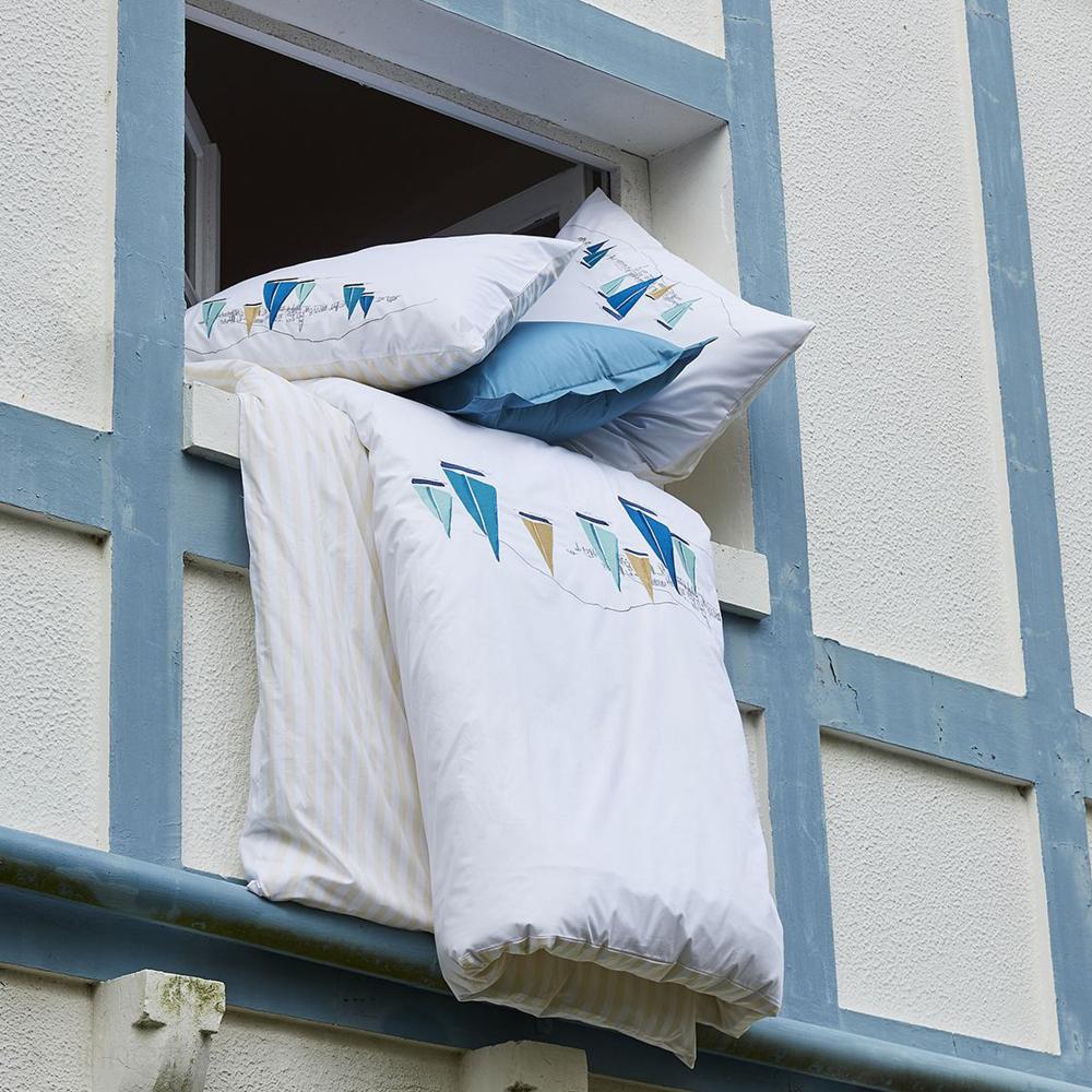 Parure de lit 140x200 cm 65x65 cm percale ESCALE AZUR Blanc 2 pièces