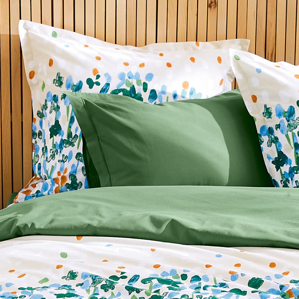 Parure 140x200 cm 50x70 cm 100% coton ÉVASION Blanc vert 2 pièces