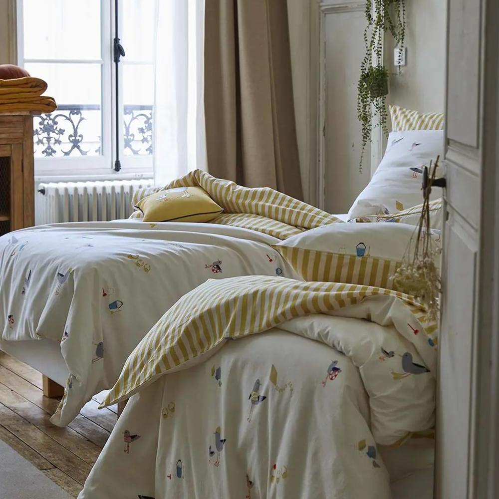 Parure de lit 200x200 cm taies 65x65 cm coton lavé GRANDES VACANCES blanc 3 pièces
