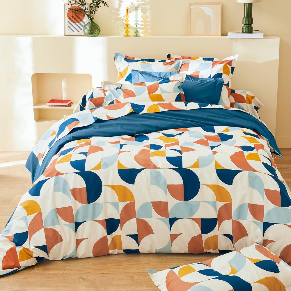 Parure 280x240 cm 65x65 cm percale MODULO bleu cobalt 3 pièces
