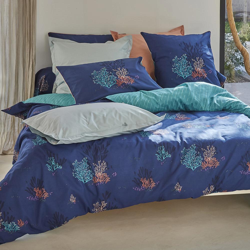 Parure de lit 200x200 cm 65x65 cm percale OCÉAN bleu nuit 3 pièces