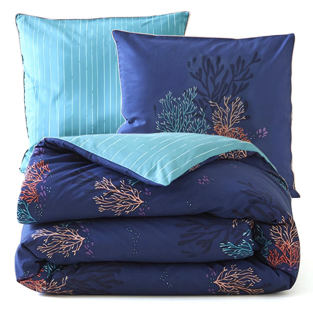 Parure de lit 200x200 cm 65x65 cm percale OCÉAN bleu nuit 3 pièces