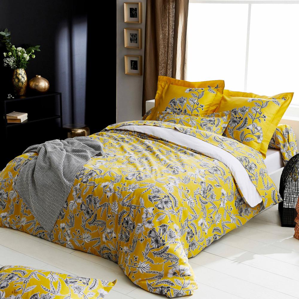 Parure de lit 300x240 cm satin de coton BOTANIC jaune soleil
