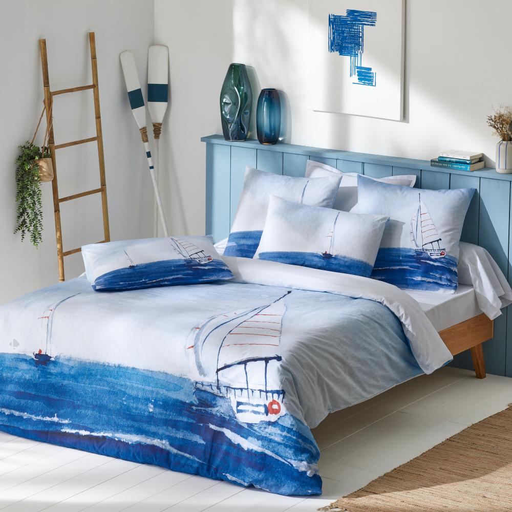 Parure de lit 140x200 cm 50X70 cm percale REGATE bleu 2 pièces