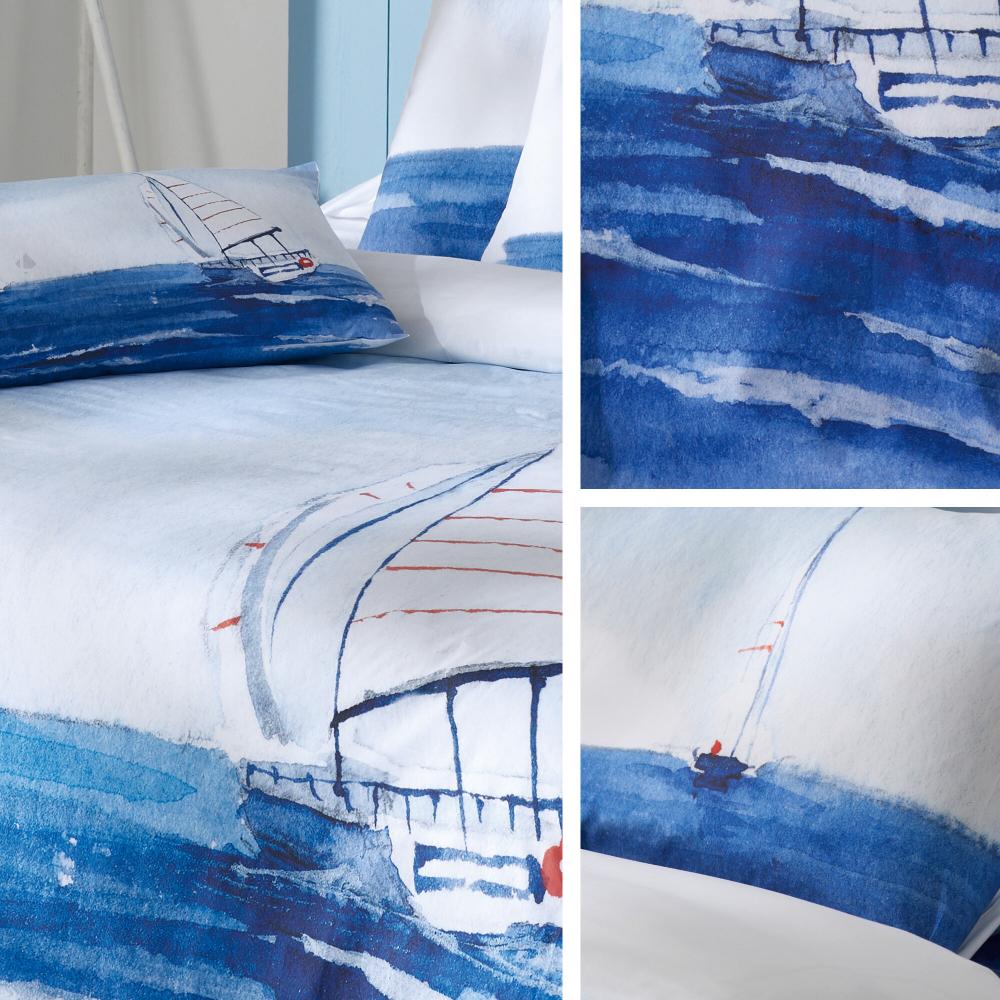 Parure de lit 140x200 cm 50X70 cm percale REGATE bleu 2 pièces