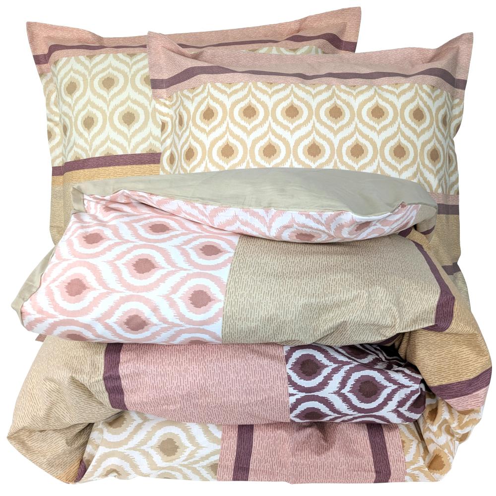 Parure de lit 2 pièces : housse 140x200 cm et taie 65x65 cm 100% coton INOUK rose/beige