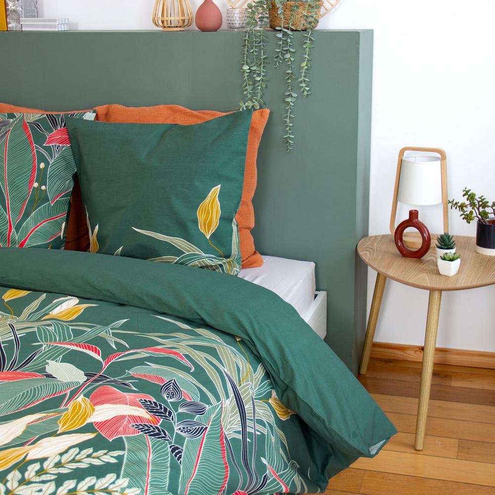 Parure de lit 260x240cm en coton GIGAJUNG vert motif tropical 3 pièces