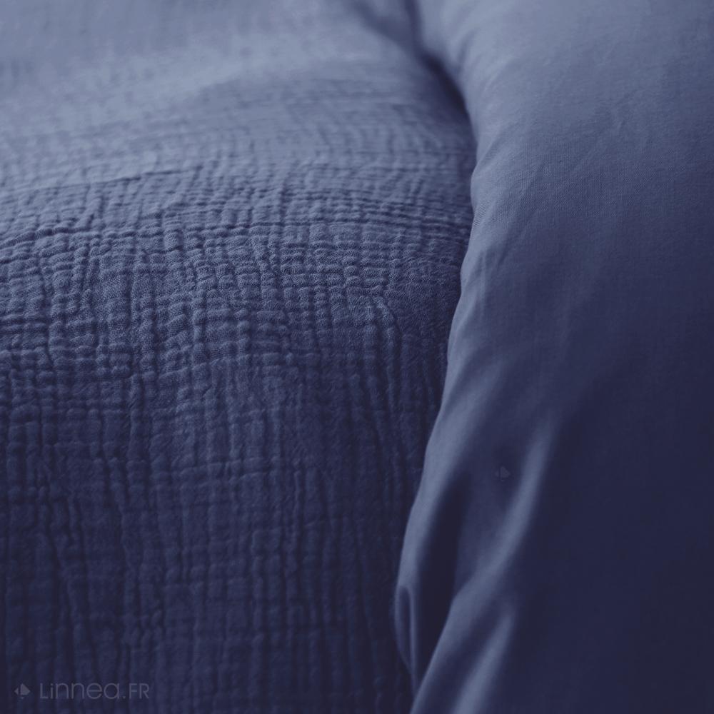 Parure de lit 260x240 cm double gaze de coton GAZGAZ bleu marine 3 pièces